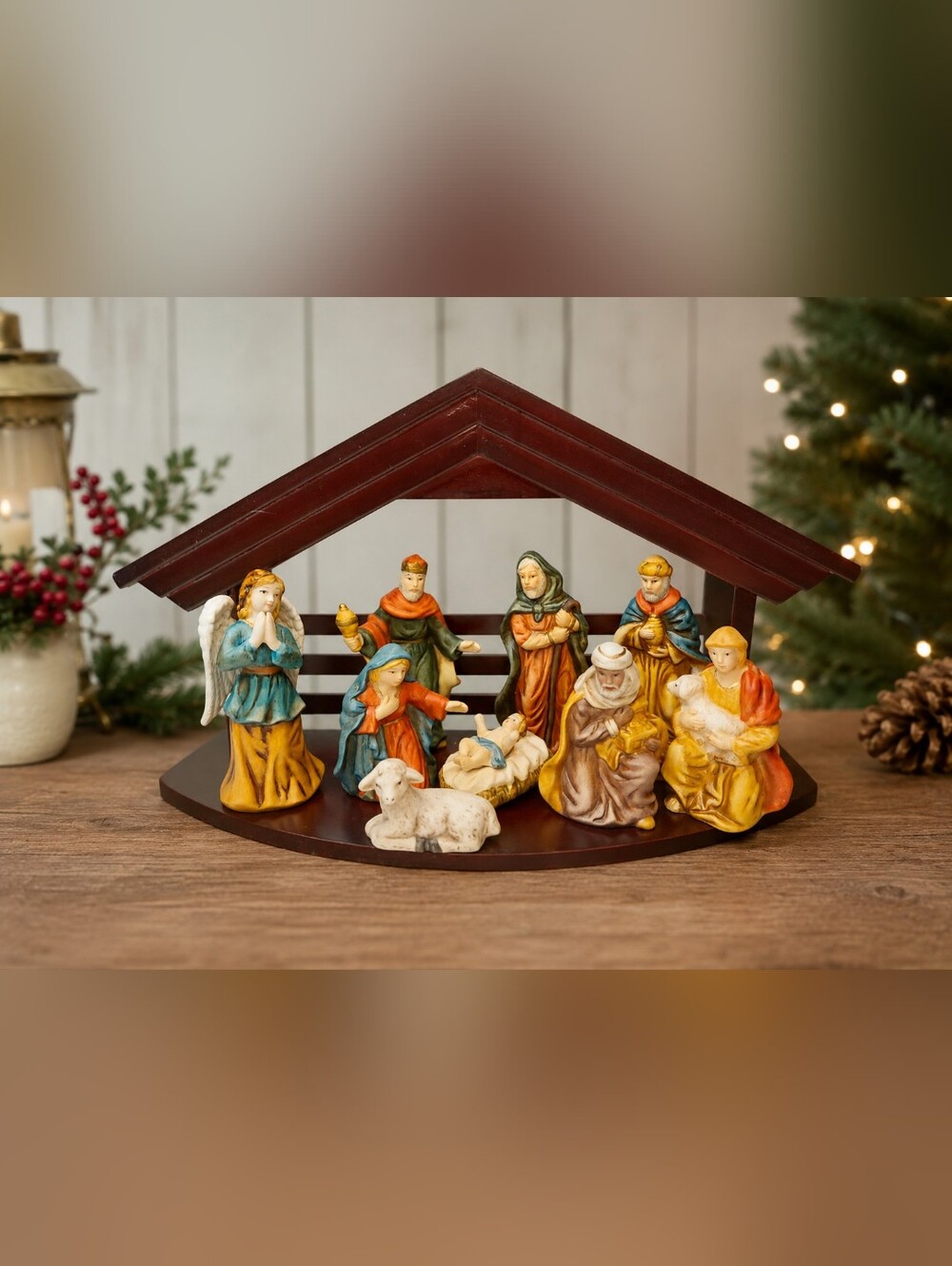 Vtg Bon-Ton Painted Porcelain Nativity Set 10 Pcs Wooden Stable Christmas‎